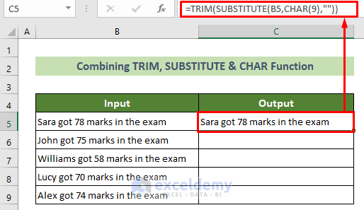 Combine the SUBSTITUTION, TRIM, CHAR Functions to FInd and Replace Tab Character in Excel