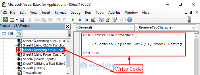 Write Required Code to Find and Replace Tab Character in Excel