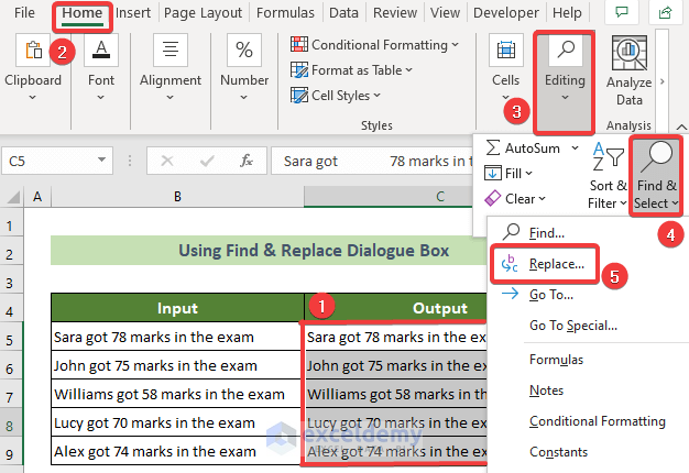 Choose Replace Option to Find and Replace Tab Character in Excel