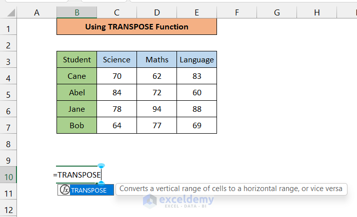 Use TRANSPOSE Function to Flip Columns and Rows