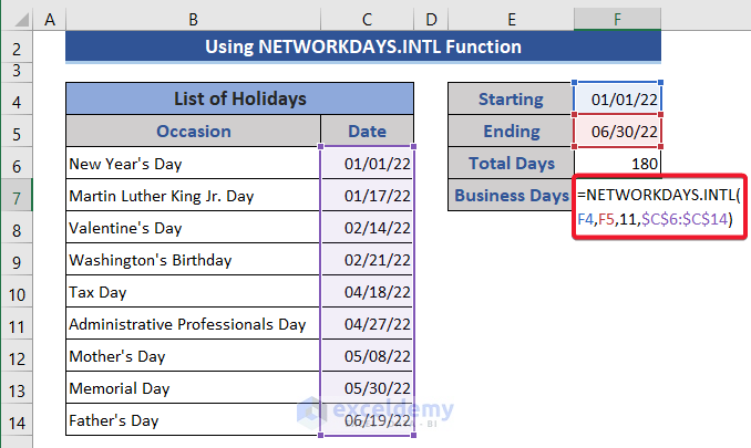 NETWORKDAYS.INTL Formula to get business days