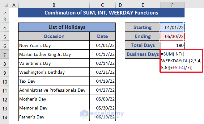 Combine SUM & WEEKDAY Functions to Get Business Days in Excel
