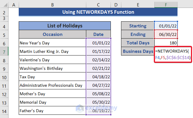 Use NETWORKDAYS Function to Calculate Business Days in Excel