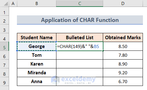 Apply CHAR Function to Add Bullets in Excel Cell