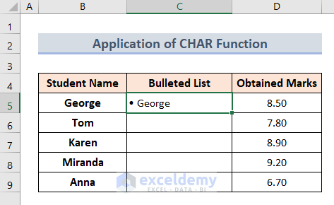 Apply CHAR Function to Add Bullets in Excel Cell