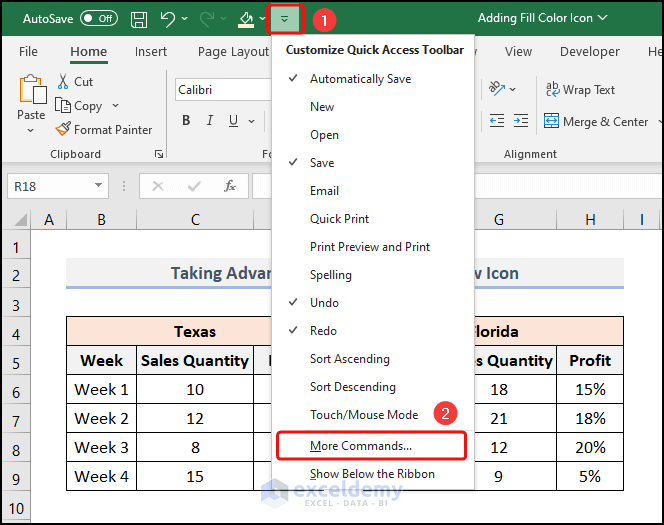 How to Add the Fill Color Icon to the Quick Access Toolbar in Excel
