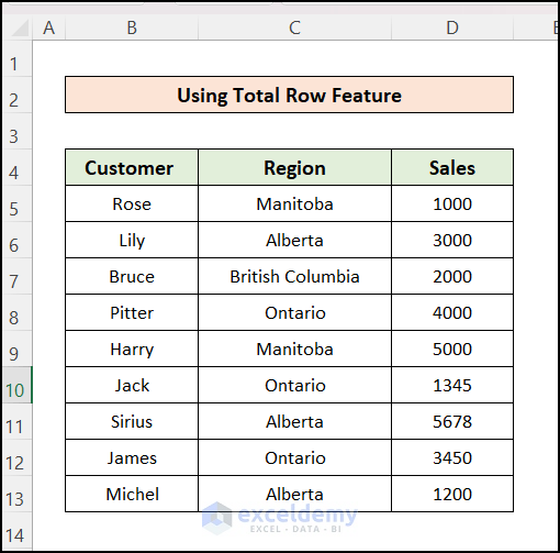 Dataset for Using Table Total Row Feature