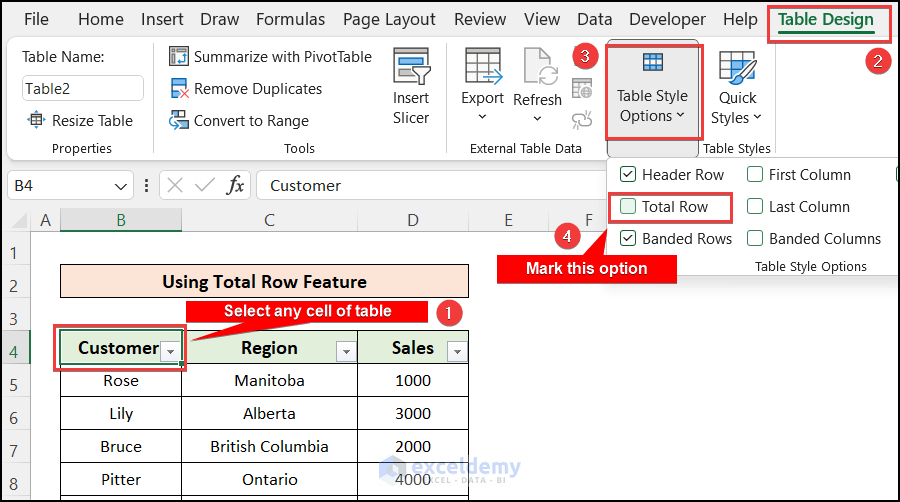 Using Total Row Feature