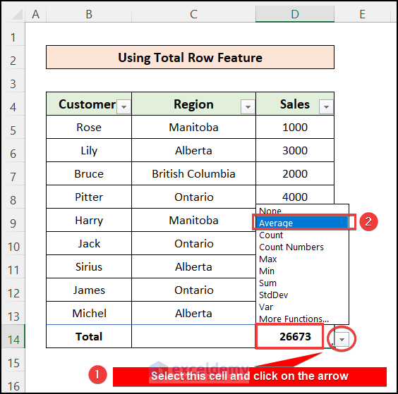 Find Average using Total Row feature