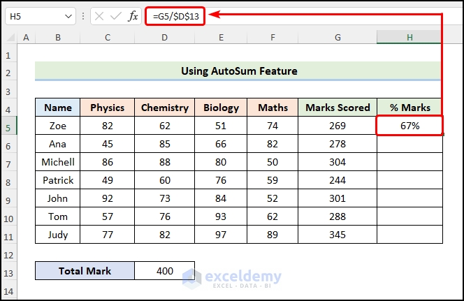 How to Calculate Percentage of Marks in Excel Using AutoSum Feature