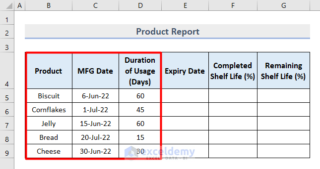 How to Calculate Remaining Shelf Life Percentage in Excel