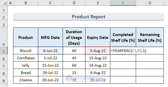 How to Calculate Remaining Shelf Life Percentage in Excel