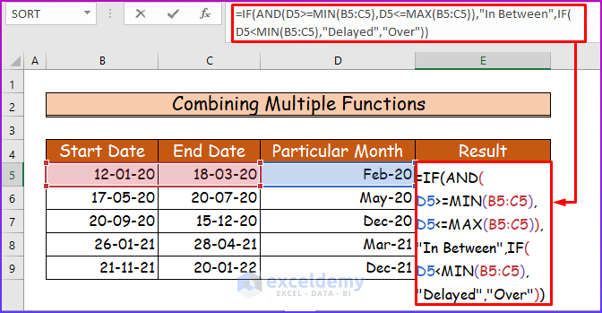 Combining Multiple Functions to Check If Month Is Between Two Dates in Excel