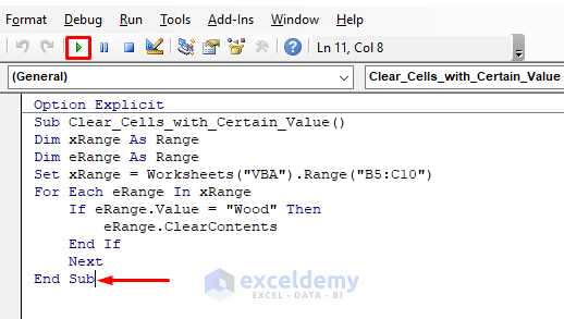 Inserting VBA Code to Clear Cells with Certain Value in Excel