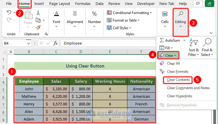 Using Clear Contents Option to Clear Contents in Excel Without Deleting Formatting