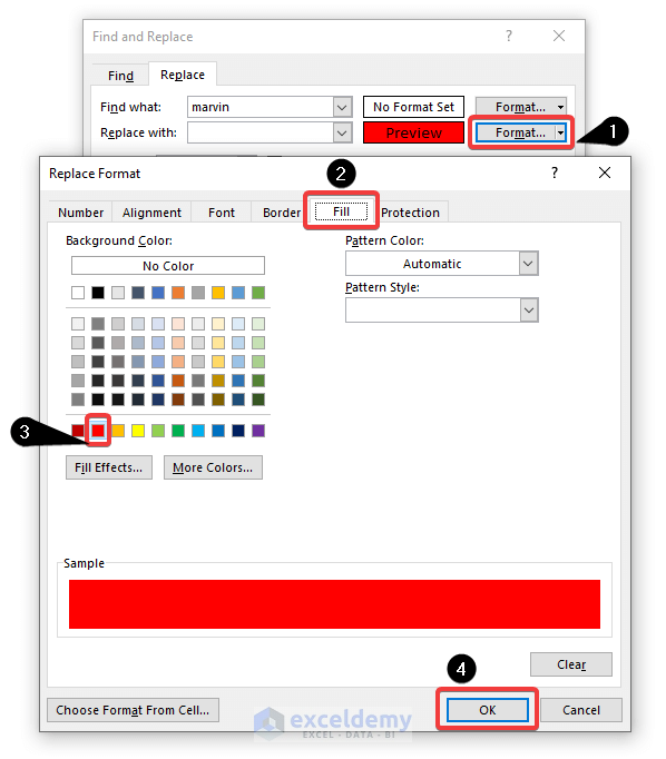 selected the fill colour to be red to show the cleared cells in Excel