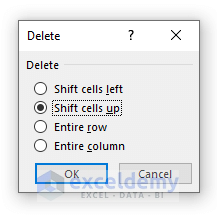 a pop-up appears to shift cells up to clear rows