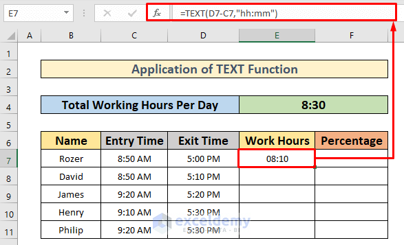 Insert TEXT Function to Convert Hours to Percentage