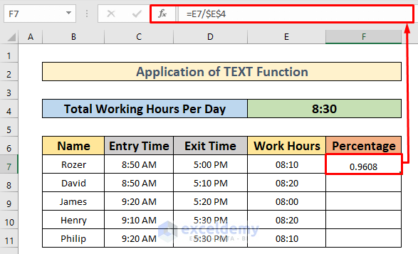 Insert TEXT Function to Convert Hours to Percentage