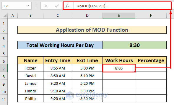 Apply MOD Function to Convert Hours to Percentage