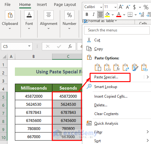 Using Paste Special Feature to Convert Milliseconds to Seconds in Excel