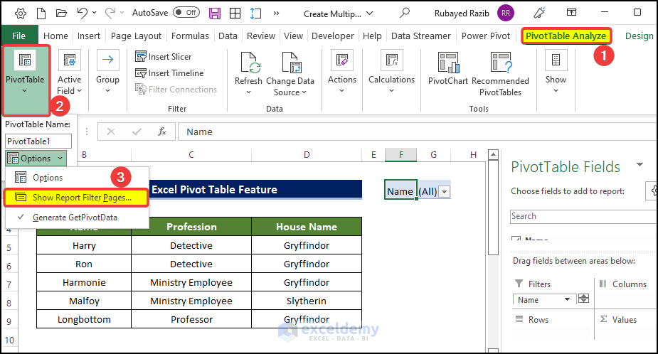 Using Excel Pivot Table to Create Multiple Worksheets from a List of Cell Values