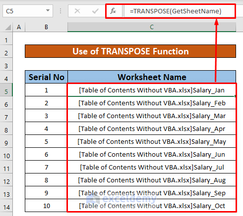 Use TRANSPOSE Function to Create Table of Contents Without VBA