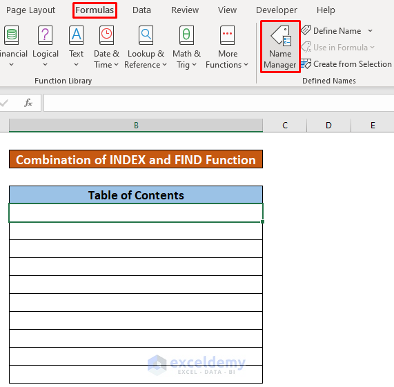Combination of INDEX & FIND Function to Create Table of Contents Without VBA