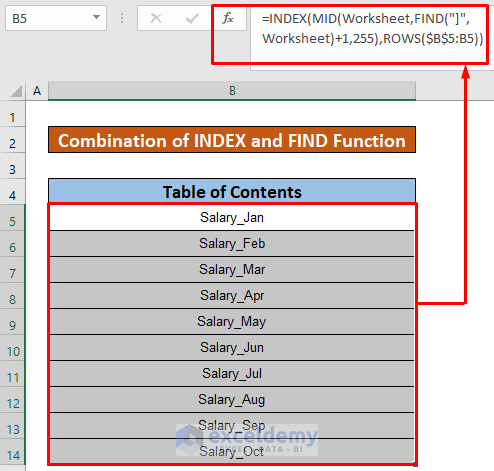 Combination of INDEX & FIND Function to Create Table of Contents Without VBA