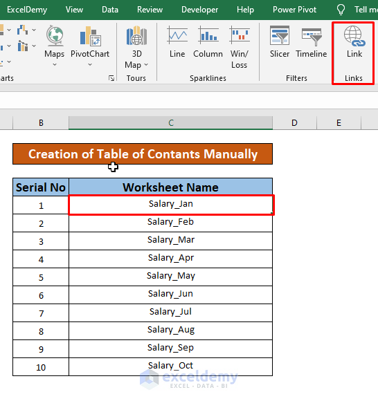 excel table of contents without vba