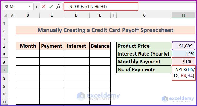 How to Create a Credit Card Payoff Spreadsheet in Excel 3