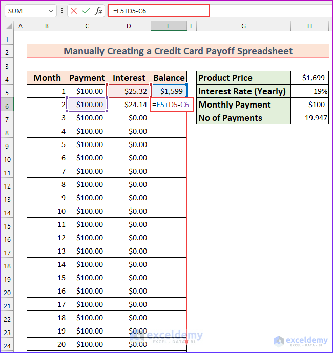 How to Create a Credit Card Payoff Spreadsheet in Excel 8
