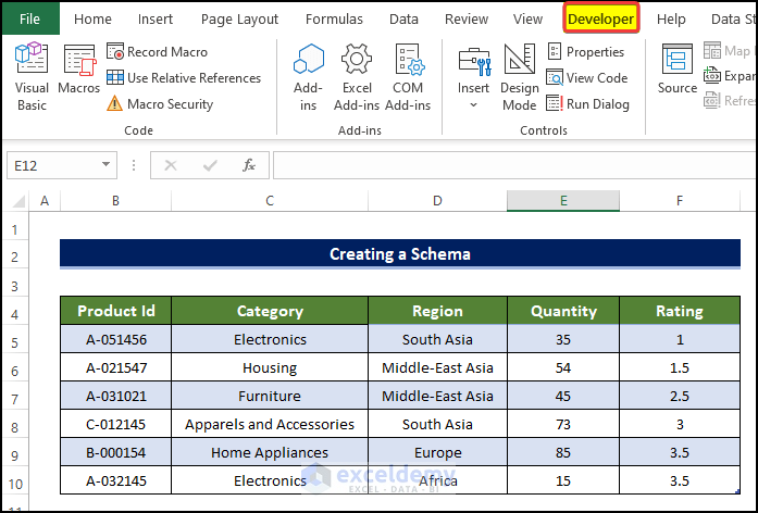 Prepare the Parent Information to Create a Schema in Excel 