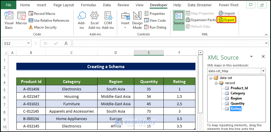Export the Excel File and Observe the Output to Create a Schema in Excel 
