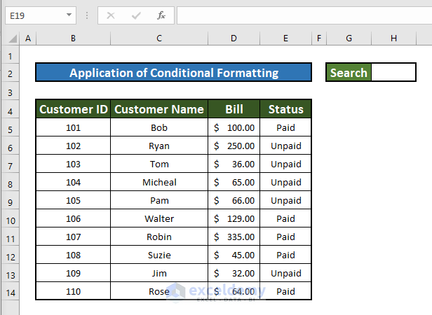 Application of conditional formatting to create a search box