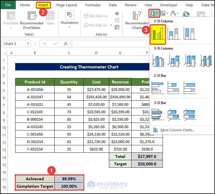 Create and Merge Stacked Column Chart to Create a Thermometer Chart in Excel