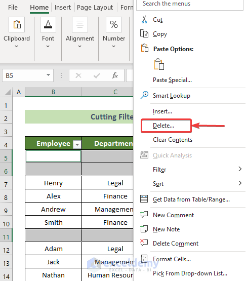 Choose the Delete Option to Cut Filtered Rows in Excel