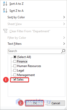 Choose Sales Option to Cut Filtered Rows in Excel