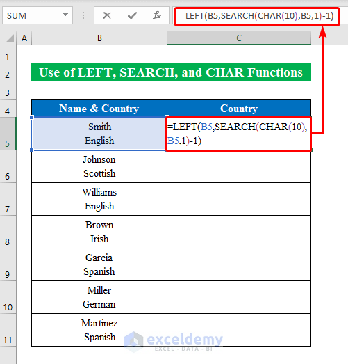 Utilize LEFT, SEARCH, and CHAR Functions to Cut Text in Excel