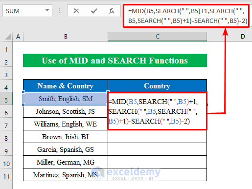 Use MID and SEARCH Function to Cut Text in Excel