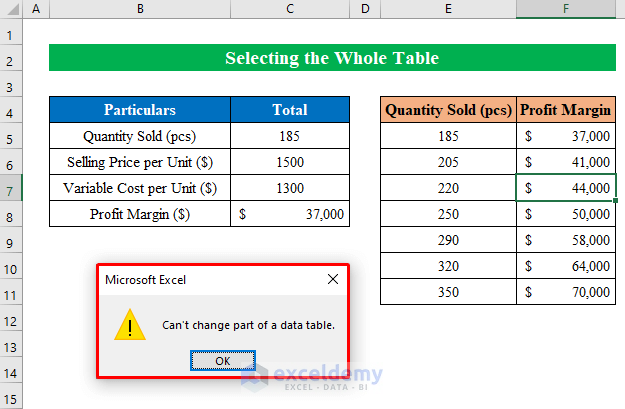 Delete What If Analysis by Selecting Whole Table