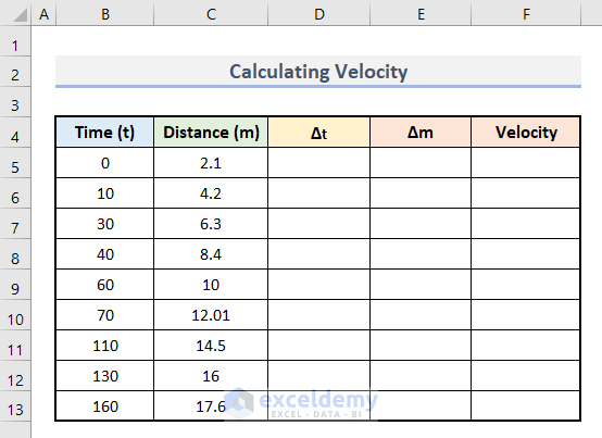 Calculate Velocity with Differentiation in Excel