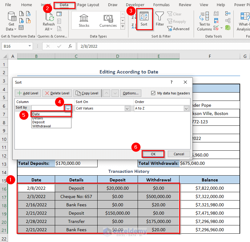 Editing Bank Statement to Organize According to Date of Transaction 
