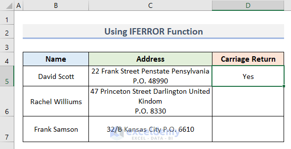 Search Carriage Return Using Excel IFERROR Function