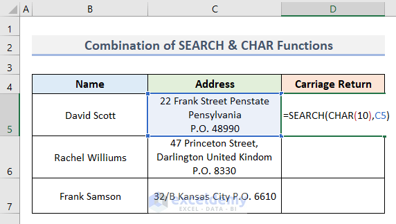 Combine SEARCH & CHAR Functions to Find Carriage Return in Excel