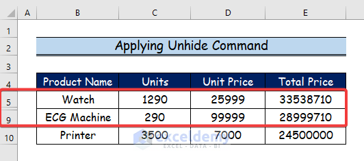 Applying Unhide Command to Find Missing Rows in Excel