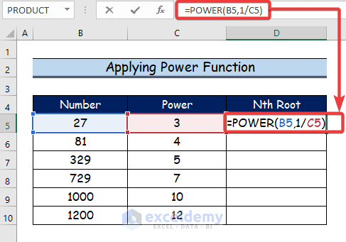 Applying Power Function to Calculate Nth Root in Excel