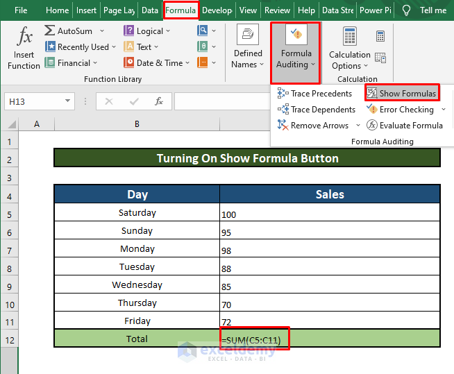 Turning on show formula button of formula to Fix Formulas in Excel