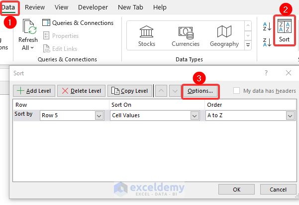 Apply Sort Command to Flip Data Horizontally in Excel