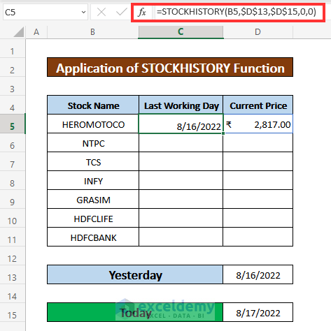 Use STOCKHISTORY Function to Get Current Stock Price in India